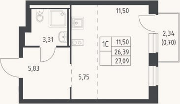 Планировка: Студия, 26,4 м²
