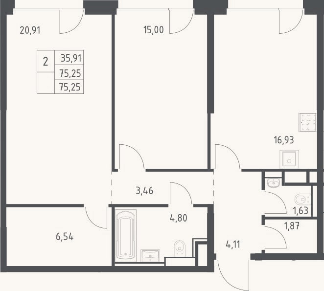 Планировка: 3-к, 75,6 м²