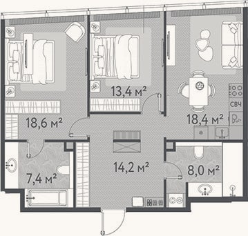 Планировка: 3-к, 80 м²