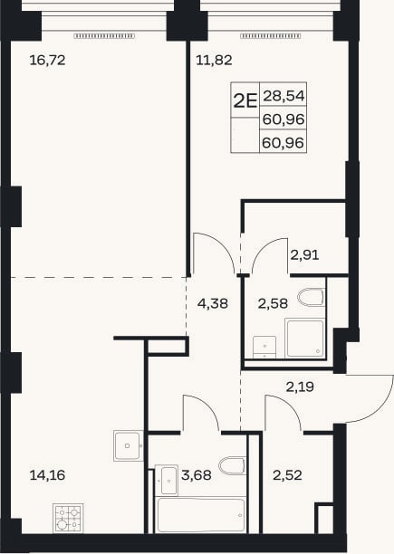 Планировка: 2-к, 61 м²