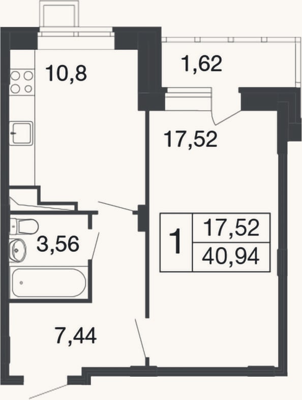 Планировка: 1-к, 39,3 м²