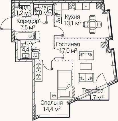 Планировка: 2-к, 58,5 м²