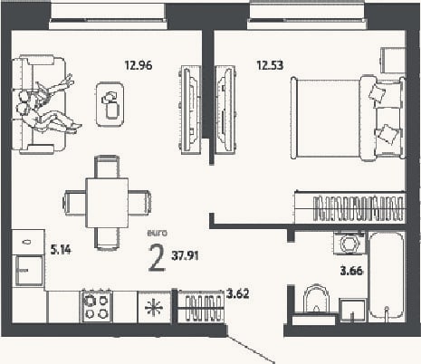 Планировка: 2-к, 37,9 м²