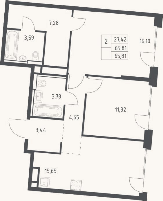 Планировка: 3-к, 65,8 м²