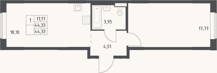Планировка: 2-к, 44,3 м²