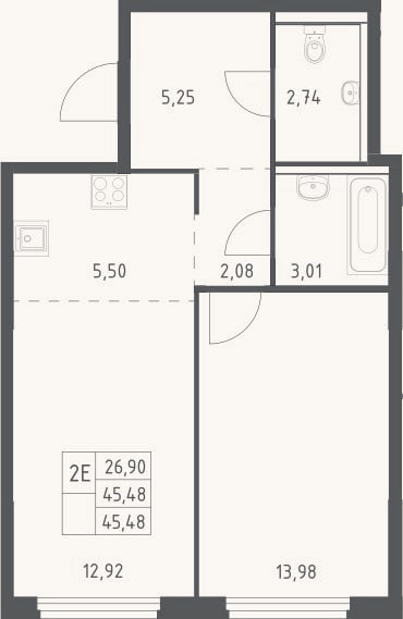 Планировка: 2-к, 45,5 м²
