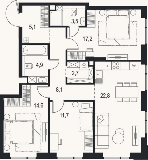 Планировка: 4+ к, 90,6 м²