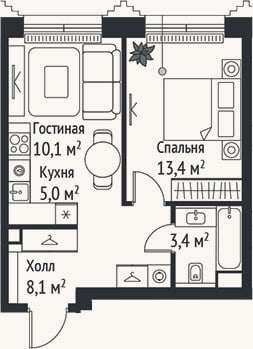 Планировка: 2-к, 40 м²