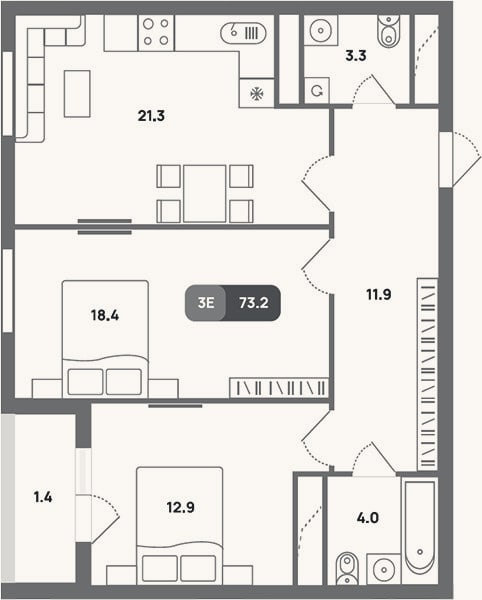 Планировка: 3-к, 71,8 м²