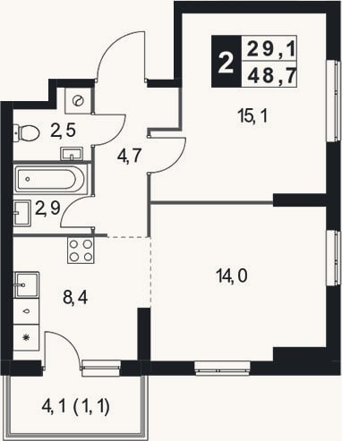Планировка: 2-к, 47,6 м²