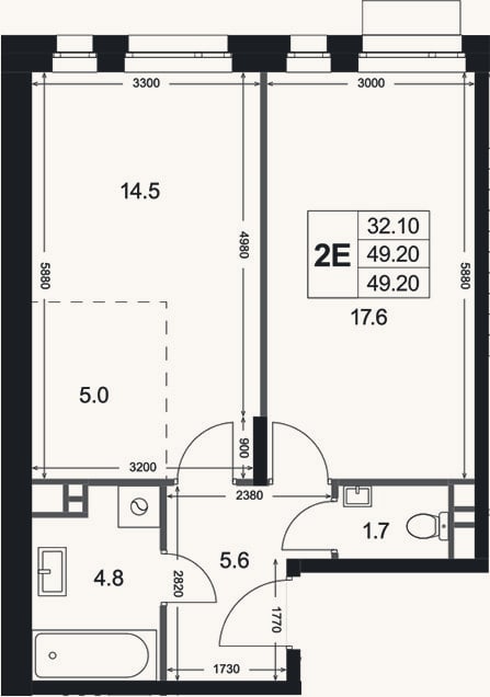 Планировка: 2-к, 49,2 м²