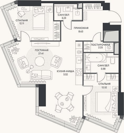 Планировка: 3-к, 76,8 м²