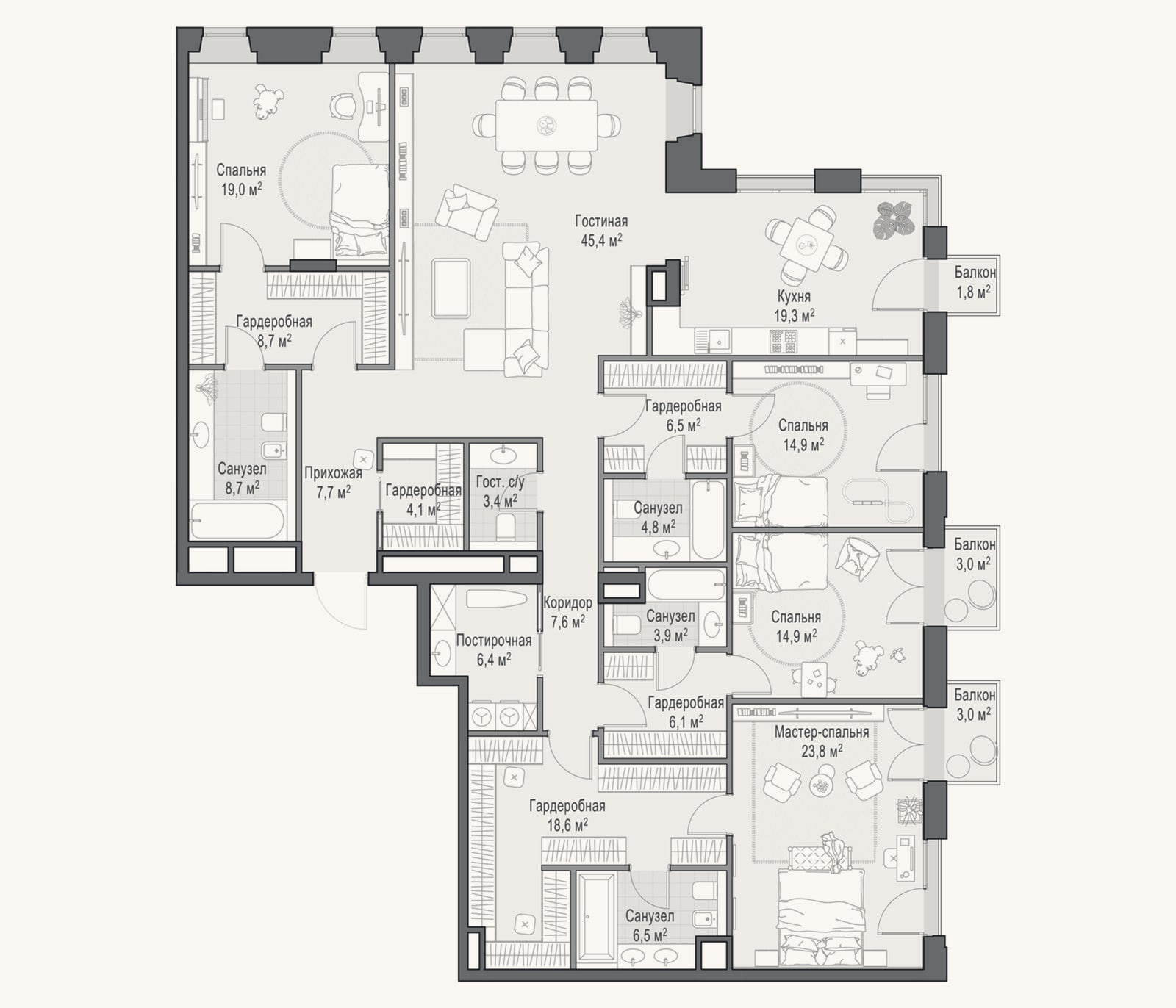 Планировка: 4+ к, 232,7 м²