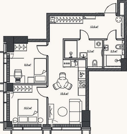 Планировка: 3-к, 57,1 м²