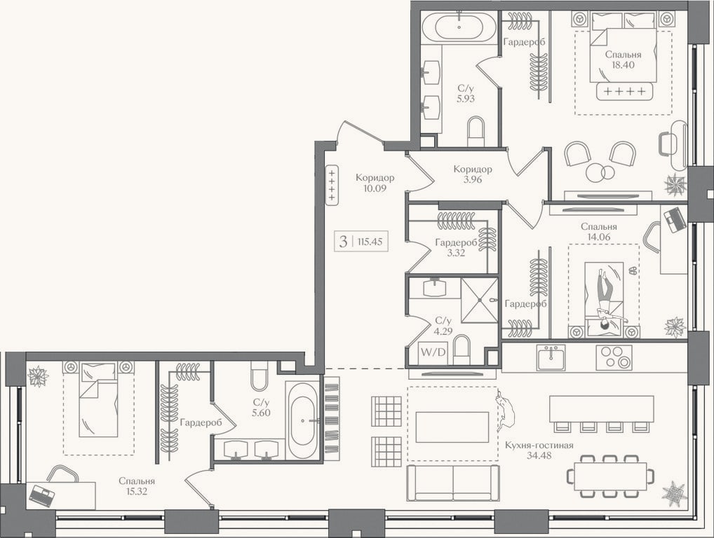 Планировка: 4+ к, 115,5 м²