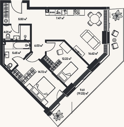 Планировка: 3-к, 72,2 м²