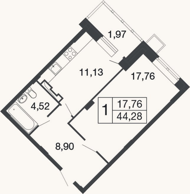 Планировка: 1-к, 42,3 м²