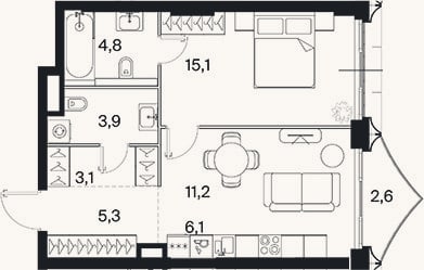 Планировка: 2-к, 49,5 м²