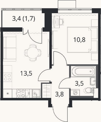 Планировка: 1-к, 31,6 м²