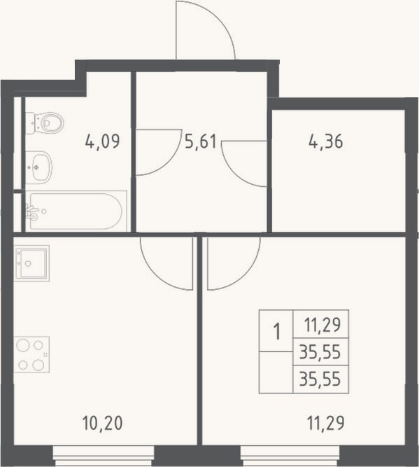 Планировка: 1-к, 35,6 м²
