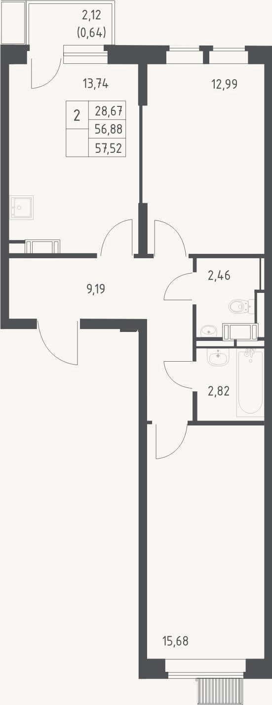 Планировка: 2-к, 56,9 м²