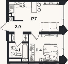 Планировка: 2-к, 37,1 м²