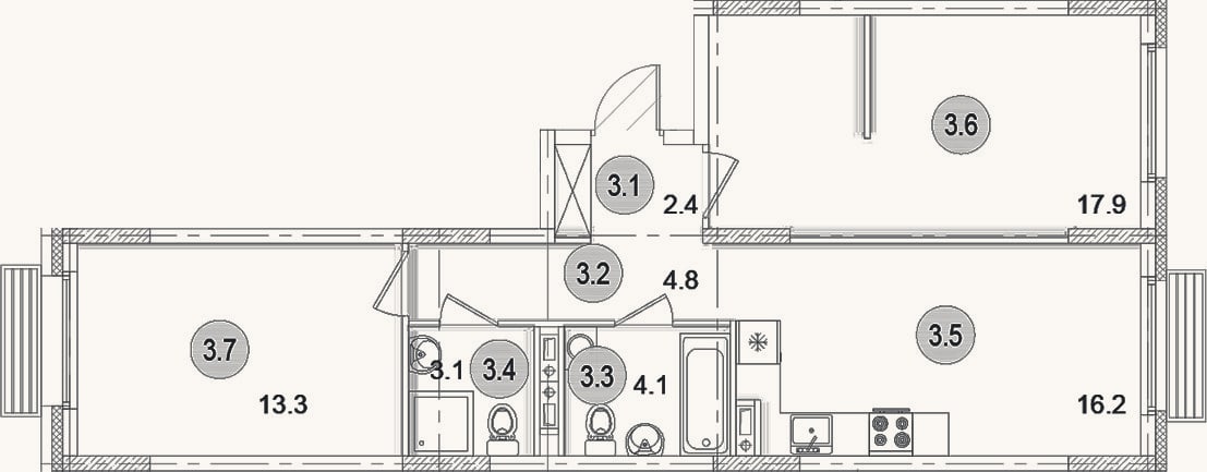 Планировка: 2-к, 61,8 м²