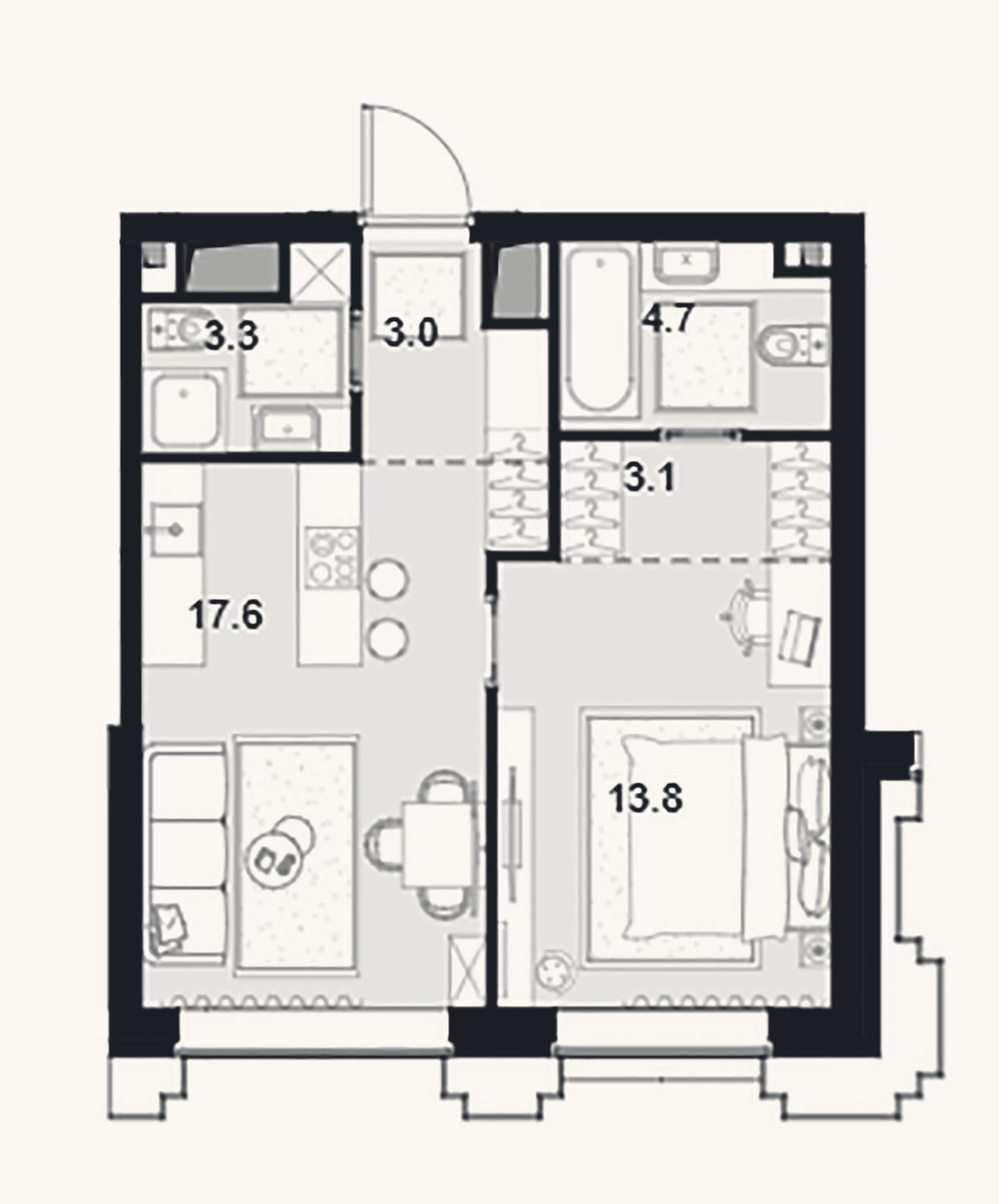 Планировка: 1-к, 45,5 м²