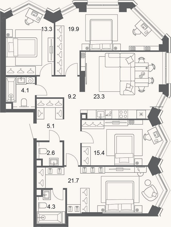 Планировка: 4+ к, 118,8 м²