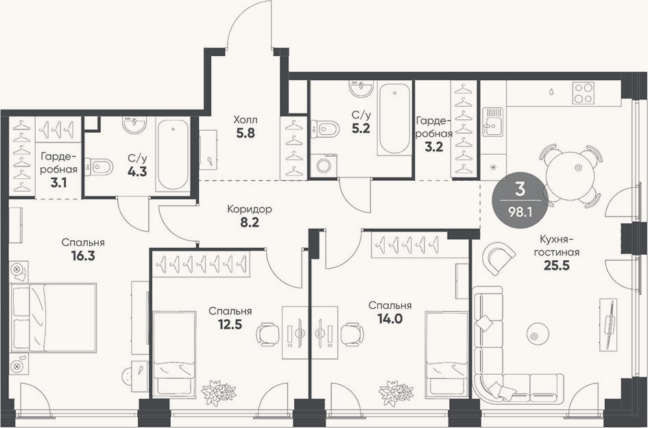 Планировка: 4+ к, 98,1 м²