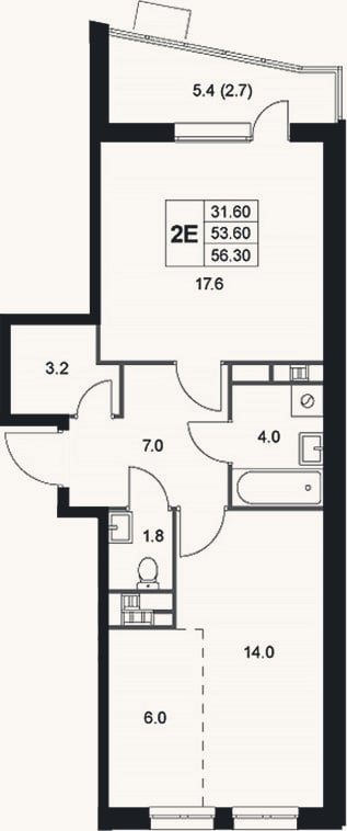 Планировка: 2-к, 53,6 м²