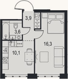 Планировка: 1-к, 33,9 м²