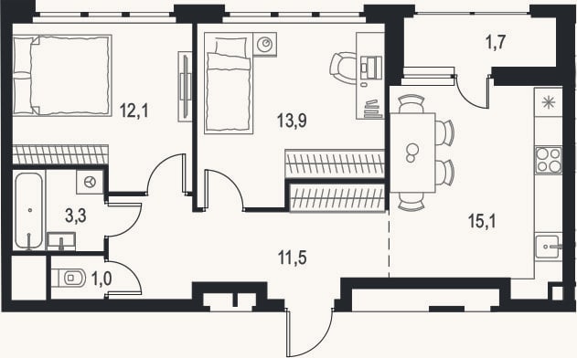 Планировка: 2-к, 56,9 м²