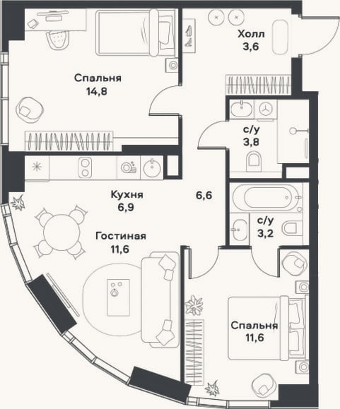 Планировка: 3-к, 62,1 м²