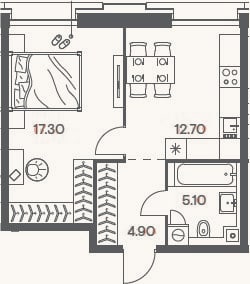 Планировка: 1-к, 40 м²