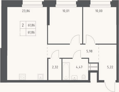 Планировка: 3-к, 61,9 м²