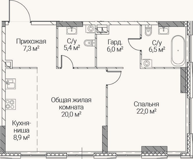 Планировка: 2-к, 76,1 м²