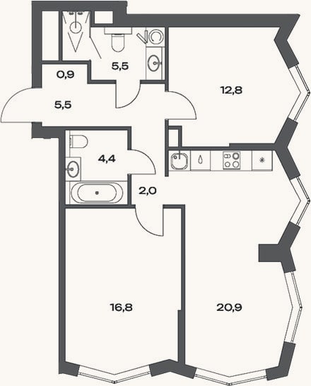Планировка: 3-к, 69,9 м²