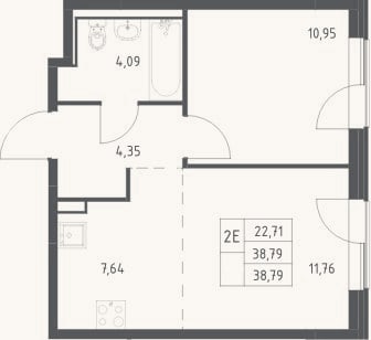 Планировка: 2-к, 38,8 м²