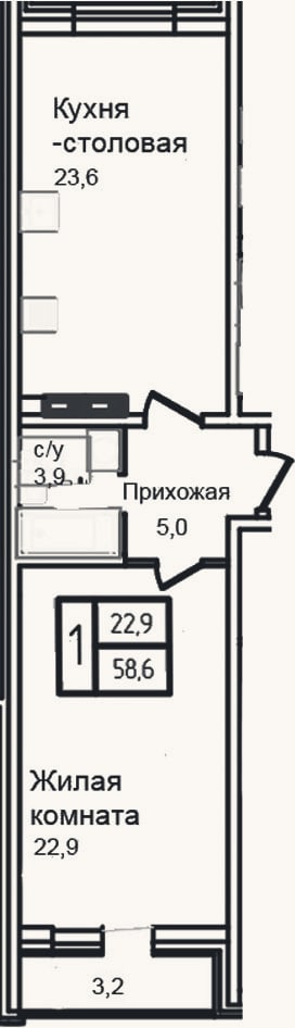 Планировка: 2-к, 55,4 м²