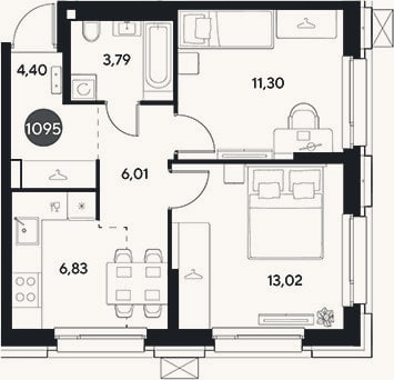 Планировка: 2-к, 45,4 м²