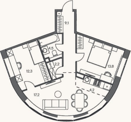 Планировка: 3-к, 64,6 м²