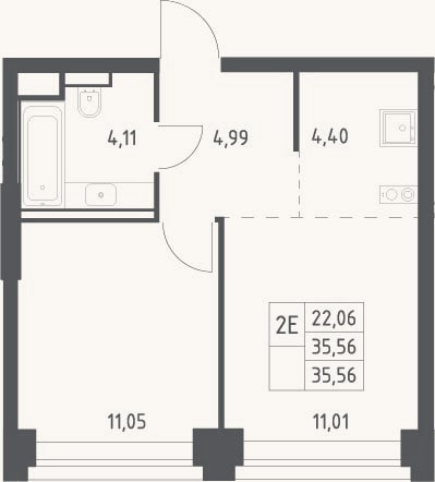 Планировка: 2-к, 35,6 м²