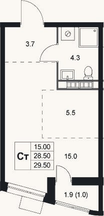 Планировка: Студия, 28,5 м²