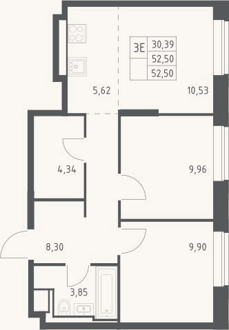 Планировка: 3-к, 52,5 м²
