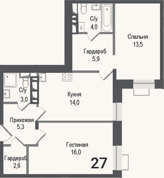 Планировка: 2-к, 64,3 м²