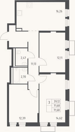 Планировка: 3-к, 71,7 м²