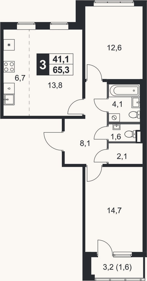 Планировка: 3-к, 63,7 м²