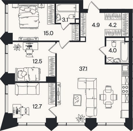 Планировка: 4+ к, 93,5 м²