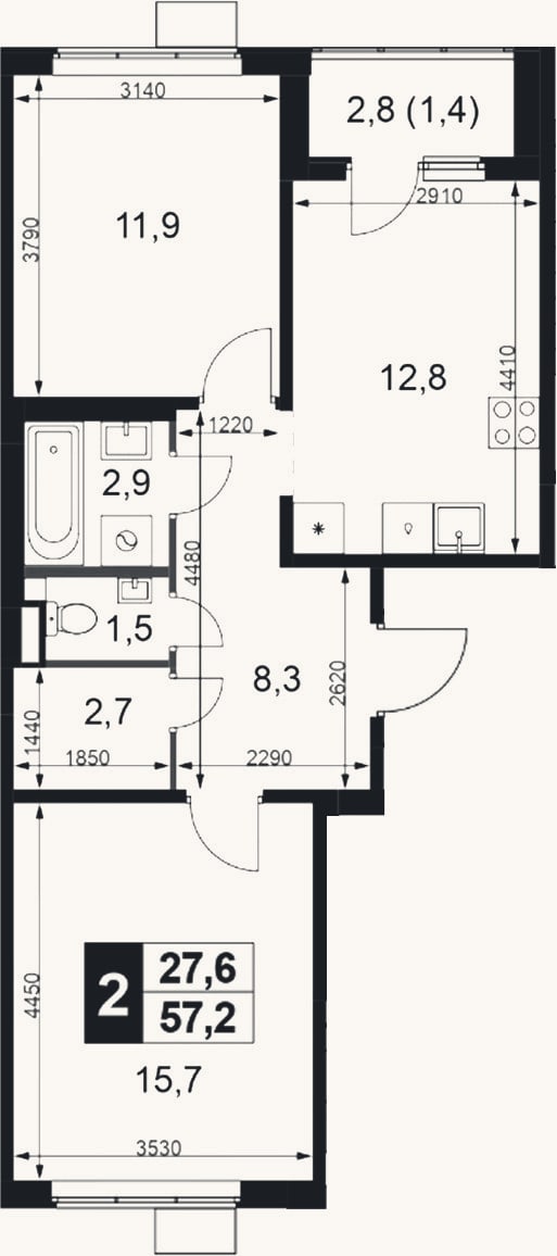Планировка: 2-к, 55,8 м²